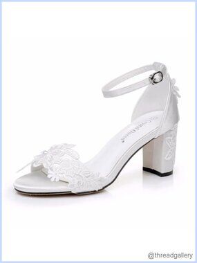 Satin Open Toe Block Heel Sandals Lace Flower Ankle Strap Bridal Wedding Shoes